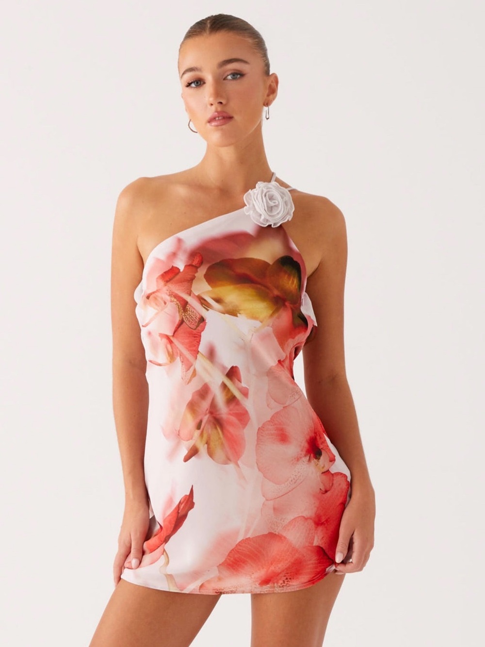 NWT Peppermayo One-Shoulder Floral Mini Dress Pink White Open Back Size 6